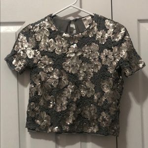 Forever 21 Exclusive Silver- Sequined, Floral Top